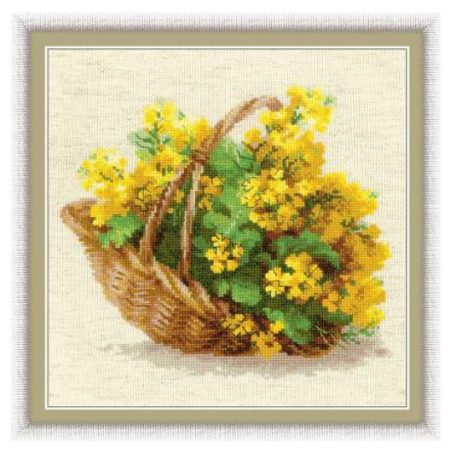 Riolis 1502- Sárga virágos kosár keresztszemes készlet - 25 x 25 cm