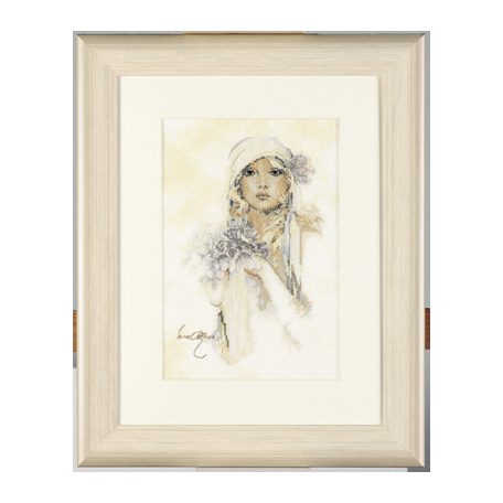 Hölgy lila virággal - keresztszemes készlet - Lanarte PN-0008013 - 20 x 30 cm