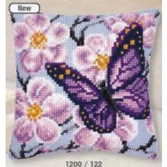   Keresztszemes párna - Lila pillangó előnyomott mintával - 40x40 cm - PN-0008501