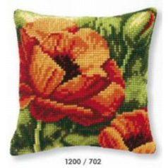   Keresztszemes párna - Pipacsos előnyomott mintával - 40x40 cm - PN-0008619