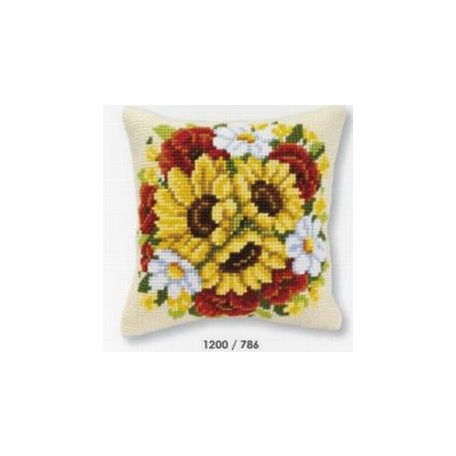 Keresztszemes párna - Nyári virágok előnyomott mintával - 40x40 cm - PN-0008687