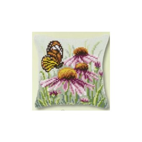 Keresztszemes párna -Virágok pillangóval  előnyomott mintával - 40x40 cm -PN-0144840